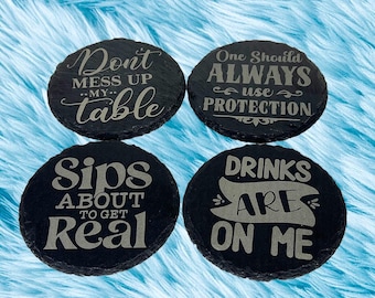 Funny Engraved Slate Coaster Set | Natural Stone Drink Coasters with Hilarious Sayings – Housewarming Gift + Free Gemstones & Stickers