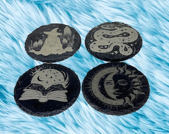 Witchy Slate Coaster Set | Boho Spiritual Home Decor, 4" Engraved Natural Stone Drink Coasters – Free Crystals & Stickers Gift