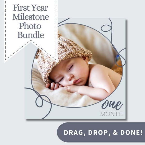Baby Boy Monthly Milestone Digital Download-Abstract Boho Photo Template Bundle-Social Media First Year Pictures-Editable in Canva-DIY