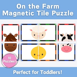 May include: A colorful magnetic tile puzzle set featuring farm animals. The set includes images of a horse, sheep, cow, and chick. The text "On the Farm Magnetic Tile Puzzle" and "10 Puzzles!" are visible.