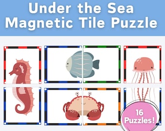 Magnetic Tile Ocean Printable Puzzle. Under the Sea Toddler Activity. Toddler, Preschool, Montessori Educational Resources. Magnatile Play.