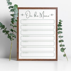 Tableau des menus - Planificateur de repas hebdomadaire imprimable à téléchargement immédiat - Au menu - Cuisine minimaliste Panneau de menu PDF - Plan de repas de famille - Liste de courses en prime