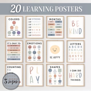 Set aus 20 Neutralen Spielzimmer Postern. Edukativ & Boho Dekor Drucke. Regenbogen Alphabet, Emotionen, Homeschool oder Montessori Klassenzimmer Wandkunst