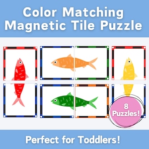 May include: Color matching magnetic tile puzzle featuring eight different fish puzzles. Each puzzle has two pieces, one with a red, orange, green, or yellow fish, and the other with a white background. The puzzle pieces are framed with a black and white border.