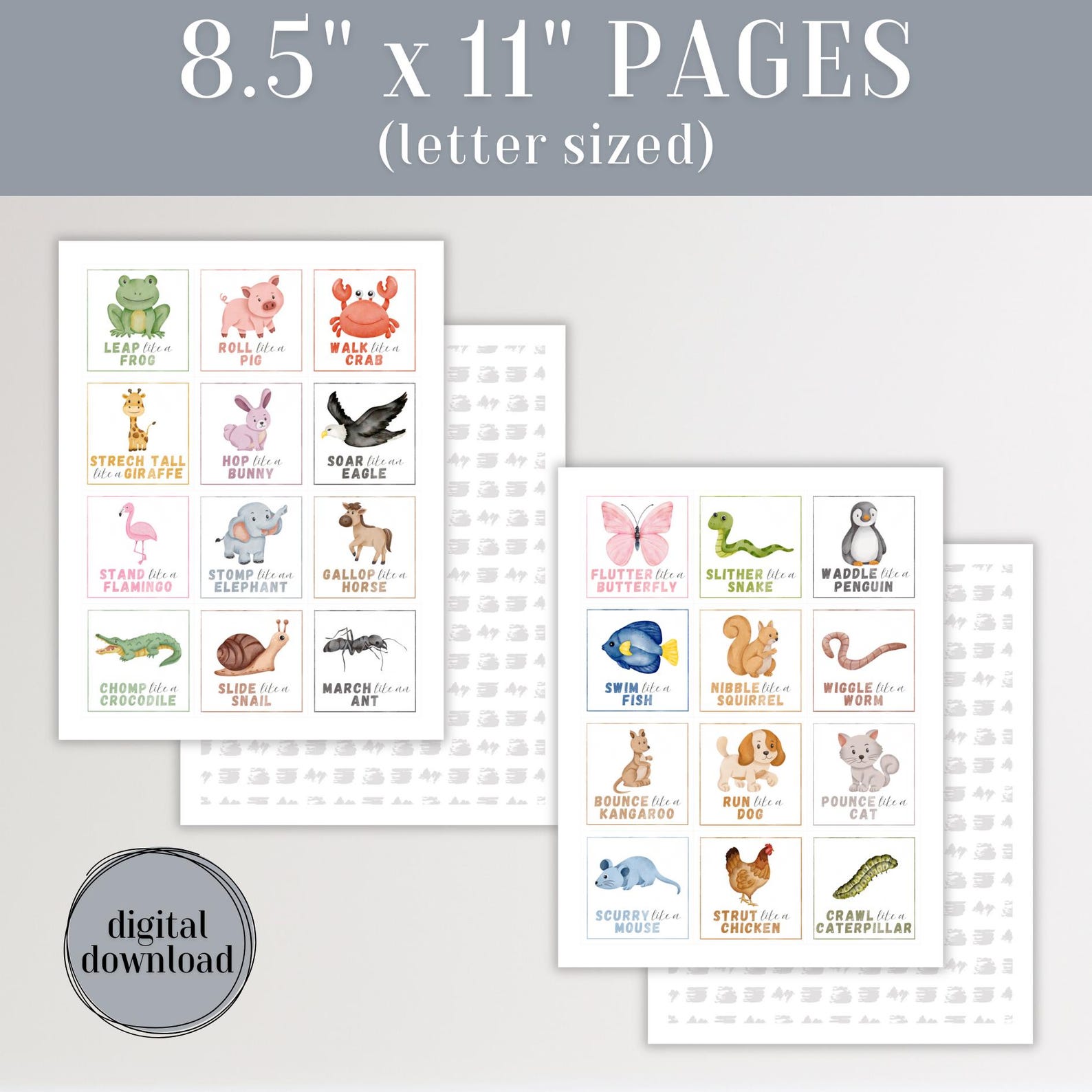 Animal Movement Cards for Kids. Printable Toddler, Preschool Activity ...