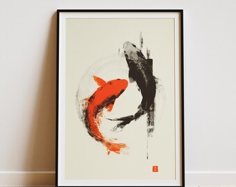 Japanischer Koi Fisch Druck, minimalistische asiatische Wandkunst, Zen Teich Gemälde