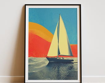 Minimalistischer Segelboot Druck, Küsten Sonnenuntergang Wasser Kunst, Retro Strand Haus Dekor