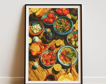 Mediterrane Küche Druck, Buntes Essen Stillleben, Rustikales Esszimmer Kunstwerk, Obstsalat Illustration