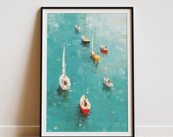 Luft Segelboot Poster | Teal Ocean Ölgemälde Stil Nautische Kunst