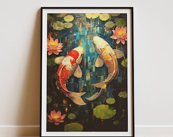 Lebendiger Koi Fisch-Teich Druck | Japanische Lotusblume Kunst | Zen-Wand-Dekor