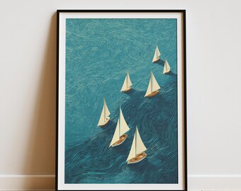Segelboot Kunstdruck | Wirbelnder Ozean Poster | Küsten Wohnkultur