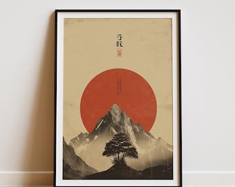 Berg Fuji Wandkunst, minimalistisches japanisches Ink Wash Poster, Zen Berg Szene