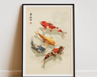 Japanischer Koi Fisch Druck, minimalistisches Zen Teich Kunstwerk, Japandi Wanddekor