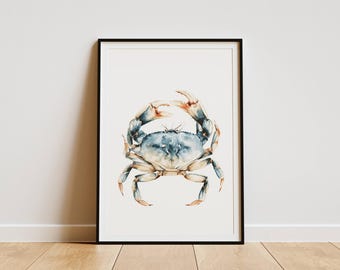 Aquarell Krabbe Druck, Küsten Wandbild, Nautik Strand Dekor, Meerestier Poster
