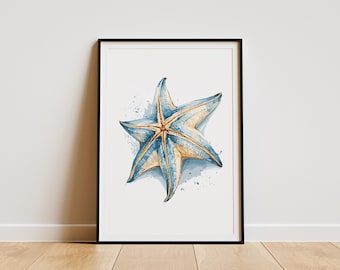 Aquarell Seestern Print, Küsten Strand Wandkunst, Blaues Poster, Ocean Badezimmer Wohnkultur