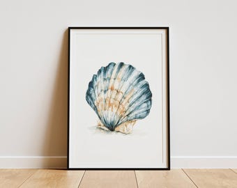 Aquarell Jakobsmuschel-Muschel, Küstenstrand Dekoration, Blaues Poster