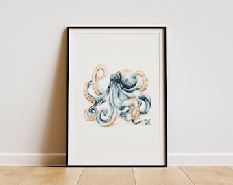 Aquarell Oktopus Print, Küsten Ozean Wandbild, Blaues Nautik Poster, Strand Haus Badezimmer Dekor
