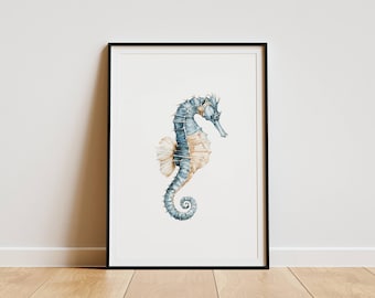 Wasserfarbe Seepferdchen Druck, Küsten Ozean Wandbild, Blaues Nautisches Poster, Strand Haus Badezimmer Dekor