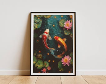 Koi Fisch-Teich Poster | Japanische Lotus Flower Wandkunst, Zen Home Decor