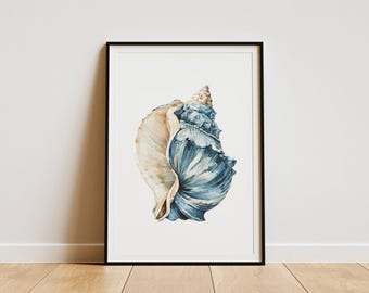 Aquarell Muschel Druck, Küsten Wand Kunst, Blaue Muschelschale, Strand Haus Dekor