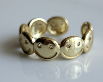14K Gold Plates Smiley Face Zirconia eyes Adjustable Ring Water Proof Jewelry Tarnish Free Ring Gift Jewellry