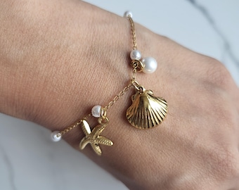 18K Gold Plated Sea Shell star fish Pearl Dainty Chain Bracelet Tarnish Free Jewelry Gift for Her Hypoallergenic Jewellery