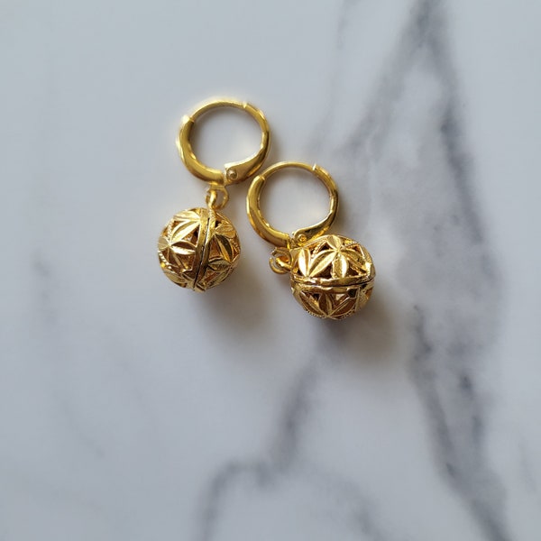 24k gold plated globe dangling huggie earrings, jewelry gift tarnish free jewellery