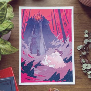 May include: Fantasy art print depicting a woman in a pink dress confronting a dark, crowned figure in a red and purple forest. The illustration has a dramatic and ethereal style, with a strong use of colour.