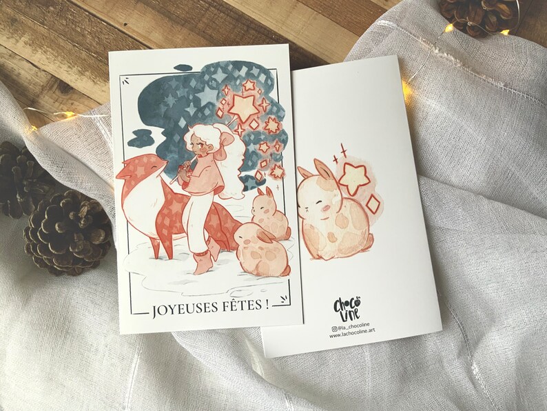 Cartes de voeux aquarelle, enfant, renard et lapins