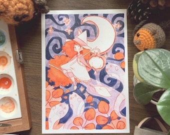 Impressão em aquarela de bruxa - Bruxa - Decoração - Halloween