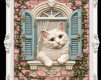 Cute Cat at Window 3D Wall Art STL & 3MF File, Realistic Cat Relief, Pet Home Decor, Digital Download