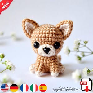 May include: A crocheted chihuahua dog figurine in shades of tan and cream. The amigurumi dog has large black eyes, a white muzzle, and perky ears. The dog is sitting, and the image includes the text "NEW" and "LoopStitchPatterns".