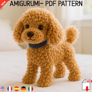 Può includere: Uno schema di amigurumi all'uncinetto per un cane barboncino marrone. Lo schema è disponibile per il download in PDF. Lo schema include le istruzioni per realizzare il corpo, la testa, le gambe, la coda e le orecchie del cane.
