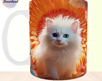 Furry white cat with a background full of flowers: Template for 11 & 15oz mugs, 3D sublimation design, PNG file, digital download.