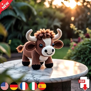 May include: A handmade crochet bull figurine in shades of brown, white, and black. The bull has large horns, a fluffy mane, and a smiling face. The figurine is displayed on a marble table. The word "NEW" is in a red banner in the top left corner.