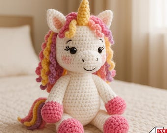 Puede incluir: Muñeca de unicornio de ganchillo con cuerpo blanco, pezuñas rosas y cuerno amarillo. El unicornio tiene pelo rizado rosa y amarillo y ojos negros. El texto "AMIGURUMI - PDF PATTERN" está en la imagen.
