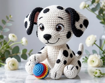 Dalmatian Puppy Amigurumi Pattern PDF, Cute Dog Plush Tutorial with Ball, Kawaii Crochet Toy Digital Download