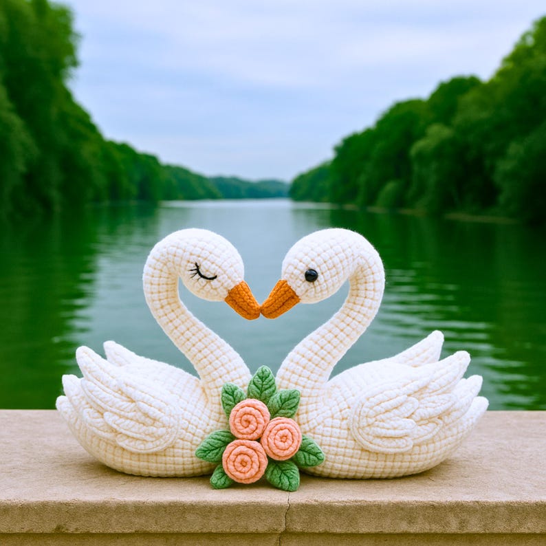 Handmade amigurumi swans in ivory yarn with layered wings, floral accents, and delicate facial embroidery, set in a light-filled bedroom.