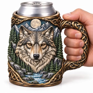 May include: A decorative beverage can cooler featuring a sculpted relief of a wolf head, pine trees, mountains, and a full moon. The exterior has a bronze-toned finish with intricate braided knotwork patterns on the handle and rim.