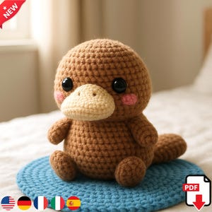 Könnte beinhalten: Ein handgefertigtes, braunes Häkel-Schnabeltier-Plüschtier mit beigem Schnabel, schwarzen Augen und rosigen Wangen. Das Plüschtier sitzt auf einer blauen, kreisförmigen Matte. Ein rotes Banner oben links zeigt "NEW".