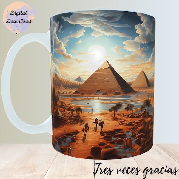 Egyptian pyramids mug wrap, painting style: Template for 11 & 15oz mugs, 3D sublimation design, high-resolution PNG file, digital download.