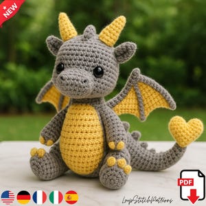 Patron Amigurumi Dragon Gris avec Détails Jaunes – Tutoriel Facile de Peluche au Crochet, Jouet Kawaii à Faire Soi-Même, Téléchargement PDF