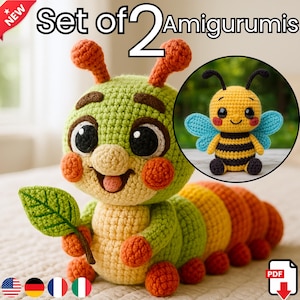 Puede incluir: Conjunto de 2 amigurumis de ganchillo. Uno es una oruga verde que sostiene una hoja, el otro es una abeja amarilla y negra con alas azules. La oruga tiene detalles en naranja y la abeja tiene mejillas rojas.