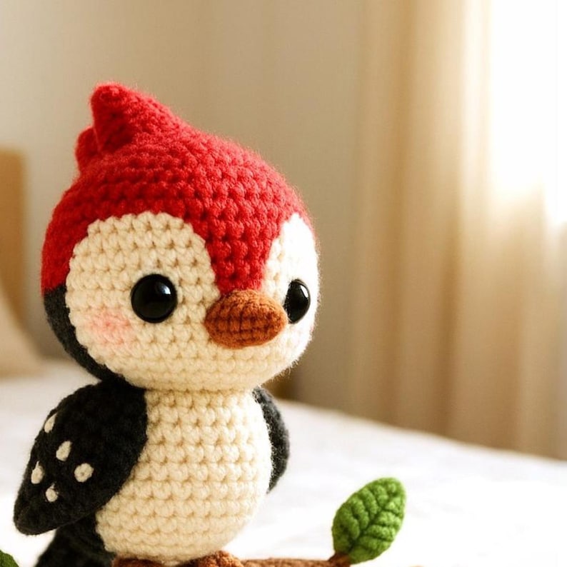 Kawaii amigurumi woodpecker plush, crochet stuffed animal toy for kids and baby shower gift