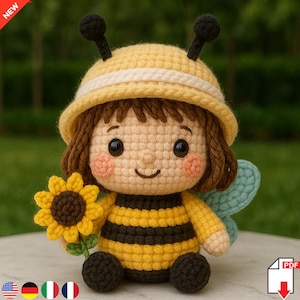 May include: A crocheted bee doll with a yellow hat and a sunflower. The doll has a yellow and black striped body, brown hair, and black antennae. It has a smiling face and light blue wings. The doll is handmade.