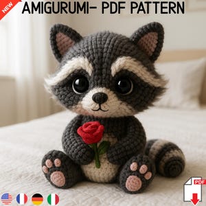 アライグマとバラの編みぐるみパターン - 簡単DIYぬいぐるみチュートリアル、可愛いぬいぐるみ、PDFをすぐにダウンロード、ベビーシャワーギフト