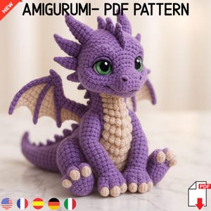 Amigurumi 3d Purple Dragon Crochet Pattern – DIY Stuffed Animal Toy, Easy Kawaii Plushie Tutorial, Instant PDF Download, Gift for Kids