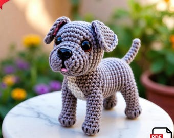 Amigurumi Pitbull Crochet Pattern, Gray Puppy Plush Toy Tutorial (PDF Download)