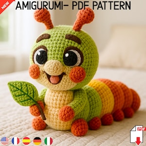 Amigurumi Häkelanleitung Bunte Raupe, Einfaches DIY Kuscheltier Tutorial, Niedliches Kawaii Stofftier, Sofortiger PDF-Download