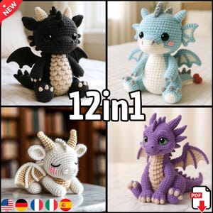 May include: A collage of four crocheted dragon toys in various colors: black, light blue, white, and purple. Each dragon has wings, horns, and a friendly expression. The text "12in1" is prominently displayed.
